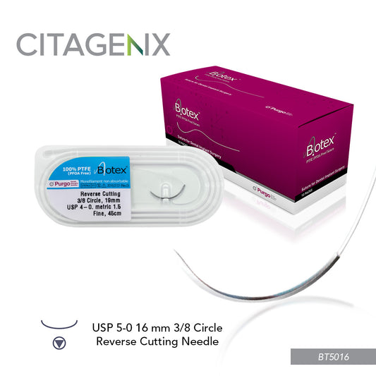 Biotex Suture USP 5-0, 16mm, 3/8 reversed needle, 45 cm, 10 sutures/Box BT5016