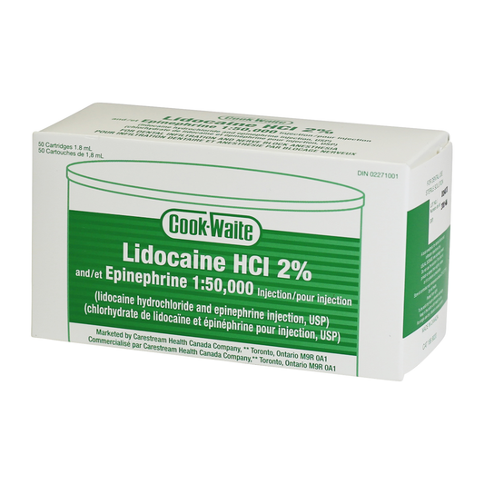 Cook-Waite Lidocaïne HCl 2 % avec Epi 1:50 000, (vert) 50 x 1,7 ml Carpe/boîte