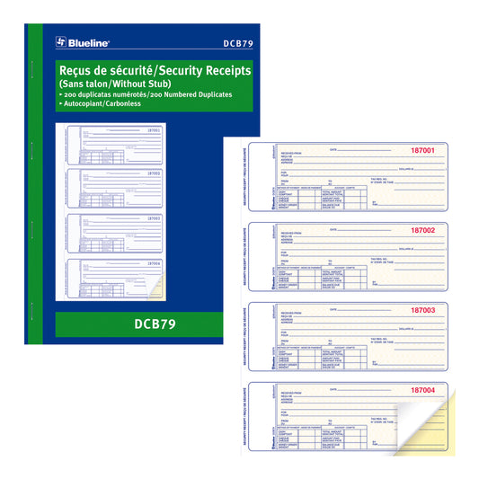 Blueline DCB79 Carnet de reçus de sécurité bilingue - 200 exemplaires