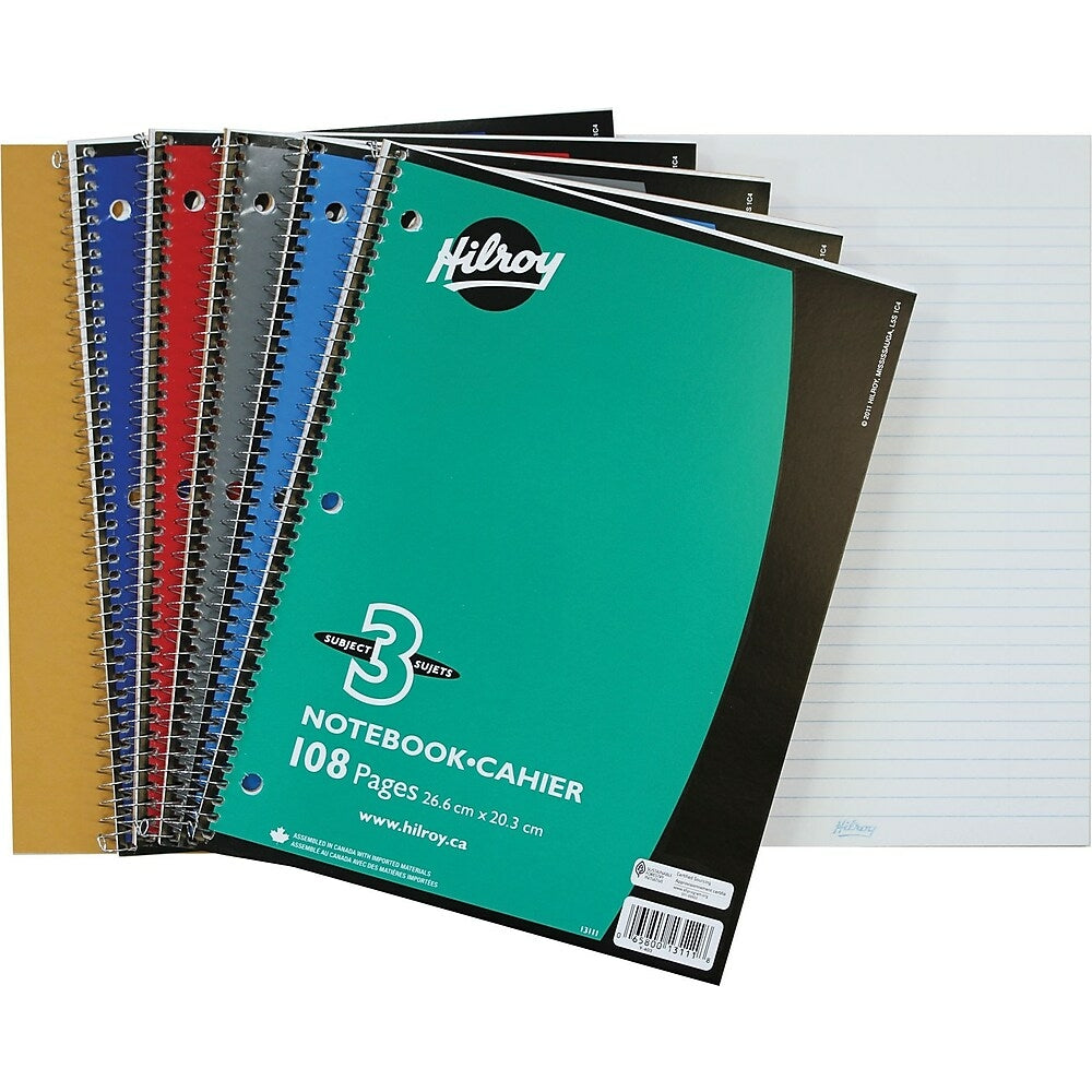 Hilroy - Carnet à 3 sujets, 10-1/2" x 8", assortis, 108 pages, perforé 3 trous