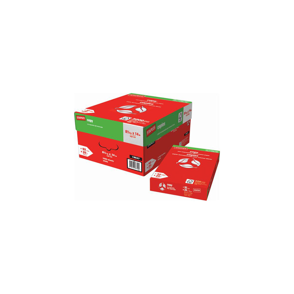 Staples - Papier de copie certifié FSC - 20 lb - 8,5" x 14" - 10 rames/caisse