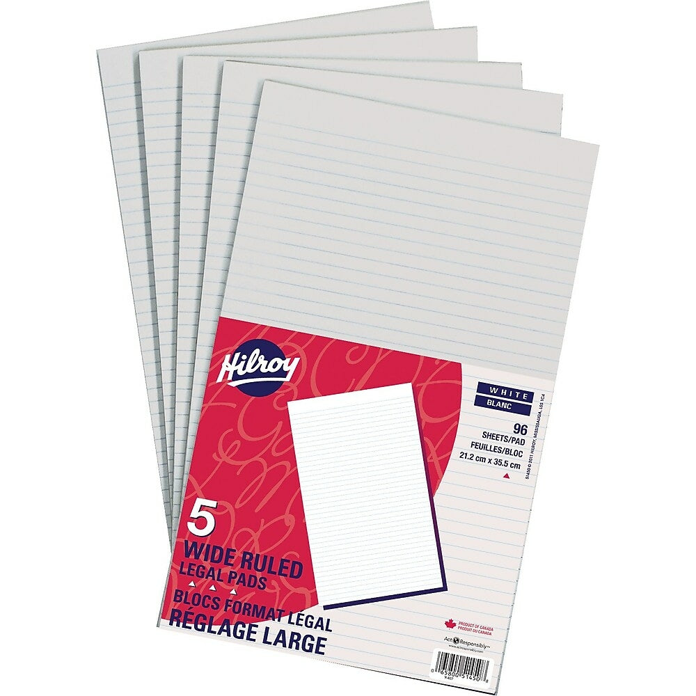 Hilroy – Bloc de calcul, 8 3/8 po x 13 3/4 po, ligné large, blanc, paq./5