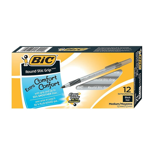 BIC - Stylos à bille Ultra Round Stic Grip - 1,2 mm - Noir - Paquet de 12