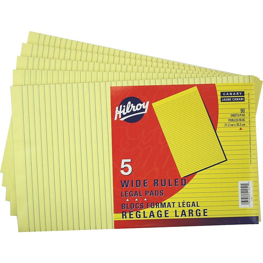 Hilroy – Blocs de calcul, 8 3/8 po x 13 3/4 po, lignés larges, canari, 90 feuilles, paquet de 5