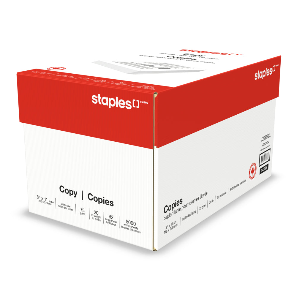 Papier à copie Staples - 20 lb - 8,5" x 11" - Blanc - 5 000 feuilles