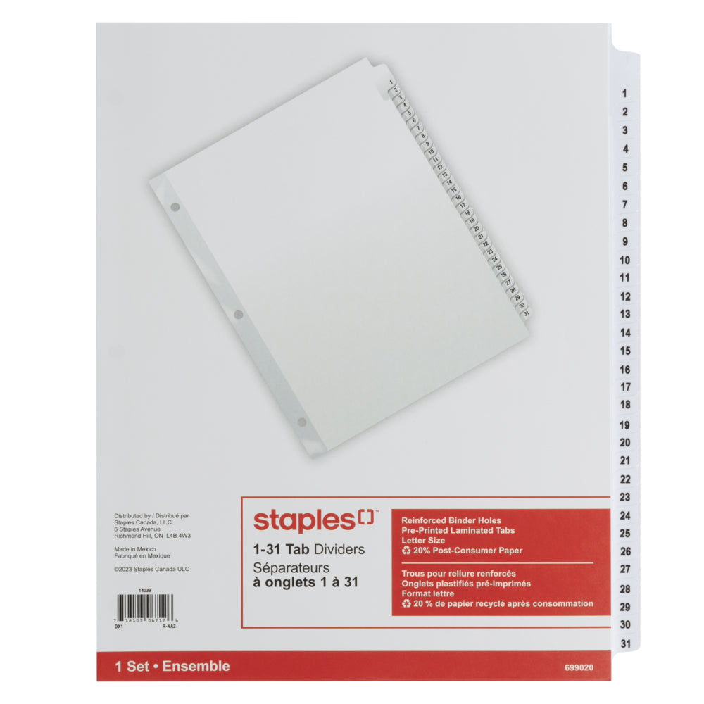 Staples - Intercalaires préimprimés 1 à 31 - 31 onglets - Blanc