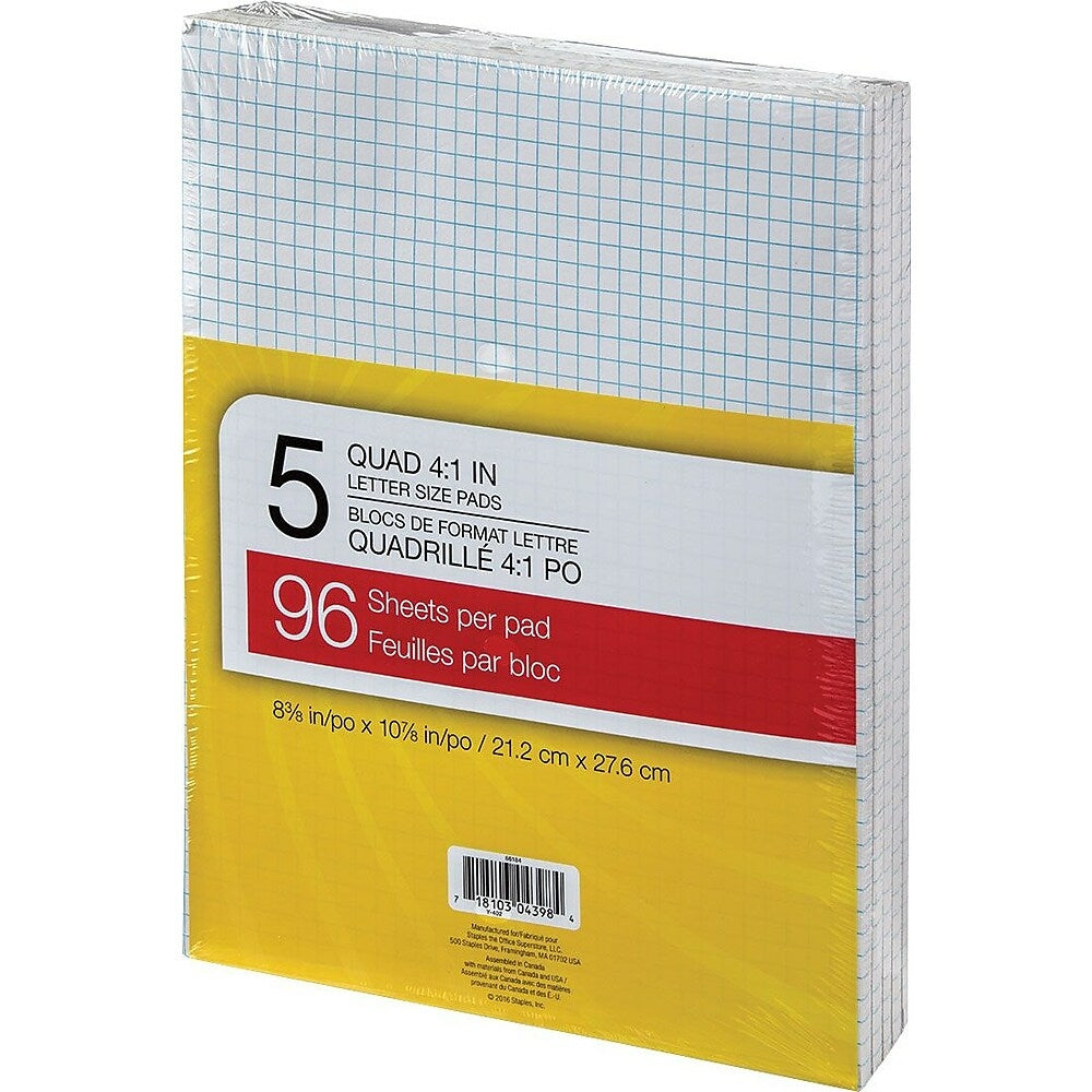 Blocs d'écriture - 8-3/8" x 10-7/8 - Quad-Ruled - Blanc - 96 feuilles, paquet de 5