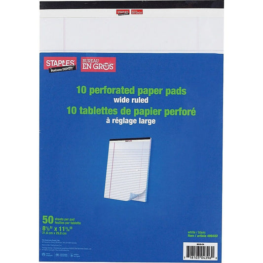 Staples - Blocs d'écriture perforés à lignes larges, 8 1/2" x 11", blanc, 50 feuilles, paquet de 10