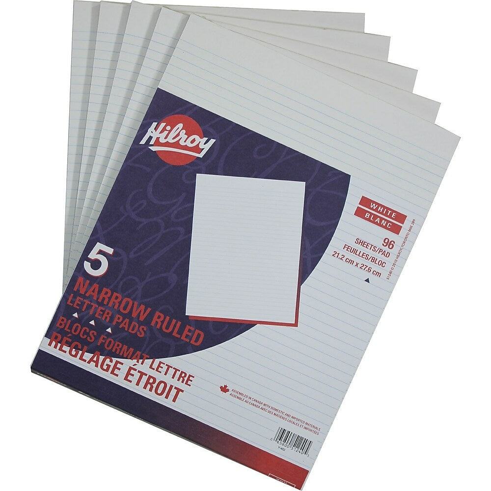 Bloc de calcul Hilroy, 8-3/8" x 10-7/8", ligné étroit, blanc, 1 paquet de 5 blocs, 96 feuilles par bloc