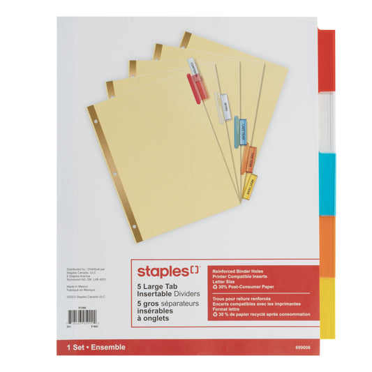 Staples - Intercalaires insérables à grands onglets - 5 onglets - Couleurs assorties