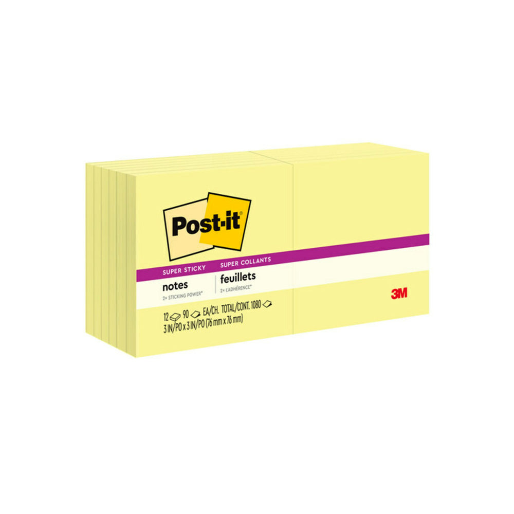 Feuillets super collants Post-it, 3" x 3", jaune canari, 1080 feuilles, paquet de 12