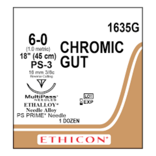 Ethicon Sutures. Chromic Gut. 1635G 18" 6-0 PS-3 Cutting 12/Box