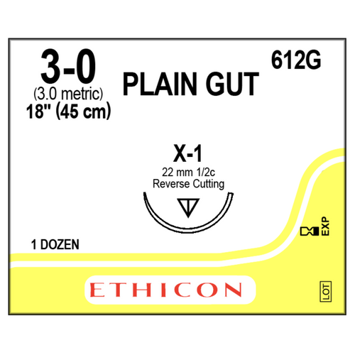 Sutures Ethicon. Gut ordinaire. 612G 3-0 X-1 18" 12/boîte