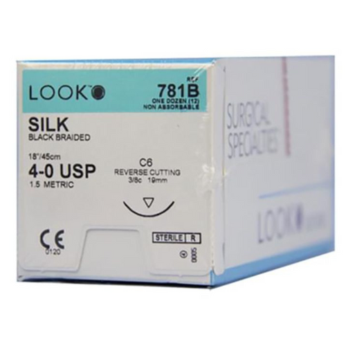 Sutures. Fil de soie. 781B 4-0 18" C-6 3/8 Cercle 19mm 12/Pqt