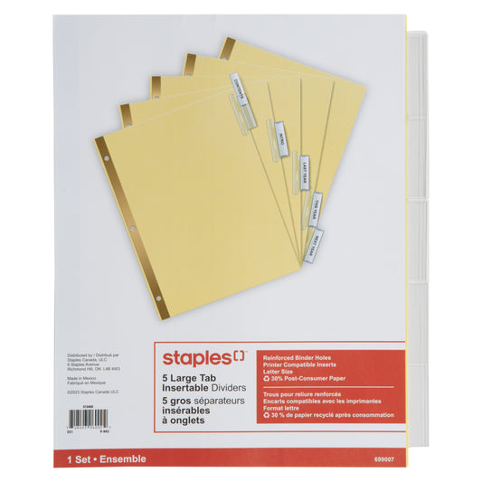 Staples - Intercalaires insérables à grands onglets - 5 onglets - Transparent