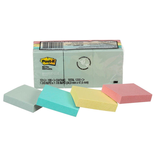 Feuillets Post-it Collection Marseille - 1-3/8" x 1-7/8" - 100 feuilles/bloc - 12 blocs/paquet