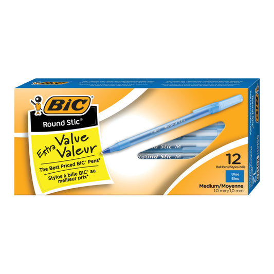 BIC - Stylos à bille Round Stic Extra Value - 1,0 mm - Bleu - Paquet de 12