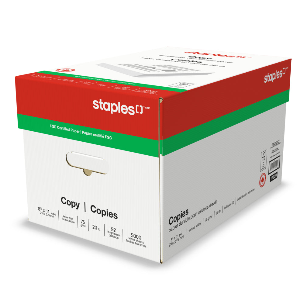 Papier de copie certifié FSC Staples - 20 lb - 8,5" x 11" - Blanc - 5 000 feuilles