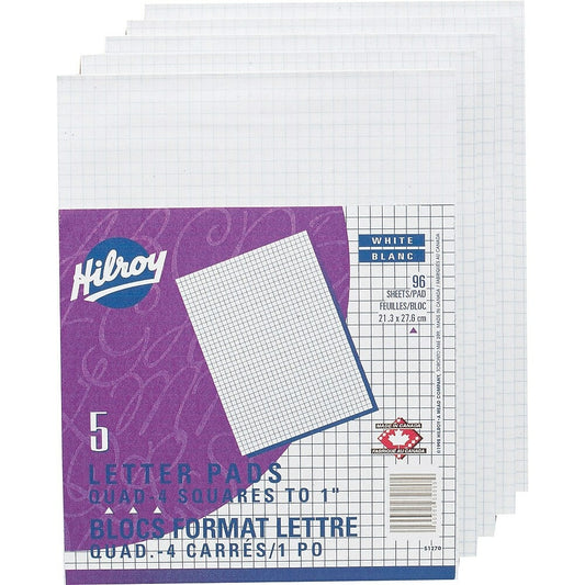 Hilroy – Blocs de calcul, 8 3/8 po x 13 3/4 po, lignés quadruples, blanc, 96 feuilles, paquet de 5