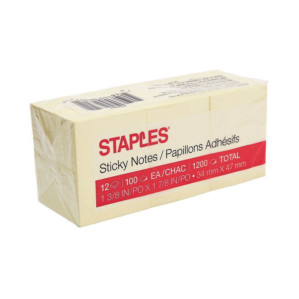 Feuillets autocollants recyclés Staples, 1 3/8 po x 1 7/8 po, jaune, paquet de 12