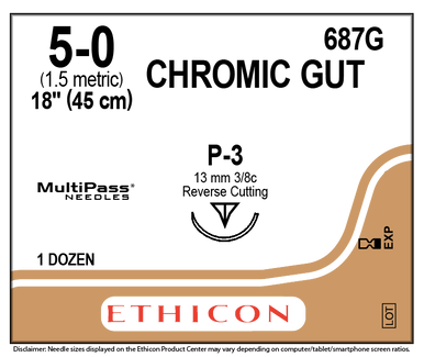 Ethicon 5/0, sutura absorbible sin teñir de intestino crómico de 18', 12/caja