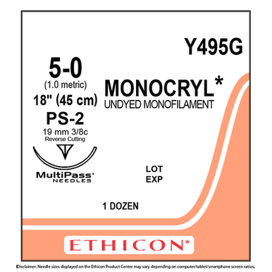 Ethicon Monocryl 5/0, sutura absorbible de monofilamento monocryl sin teñir de 18'