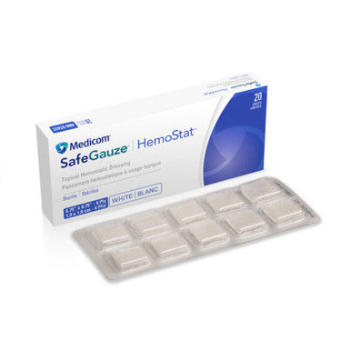 HemoStat SafeGauze Topical Hemostatic Dressing is a sterile, woven, pH neutral