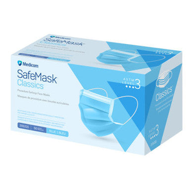 SafeMask Classics Mascarilla facial con gancho para procedimiento ASTM nivel 3, BFE/PFE ≥ 98 %, azul, 500/caja, 10 x 50/caja.