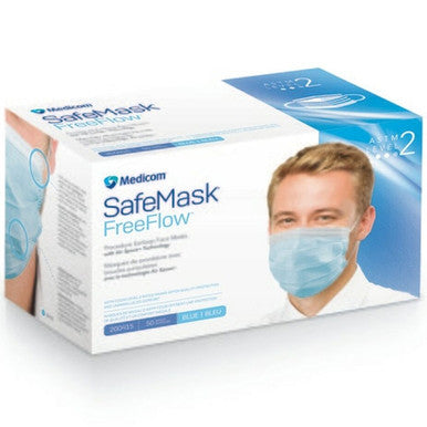 SafeMask FreeFlow ASTM Nivel 2 Máscara con gancho para la oreja, azul, 50/caja. Tira sin niebla