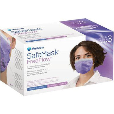 SafeMask FreeFlow ASTM Nivel 3 Mascarilla facial con gancho, lavanda, 50/Bx. Líquido