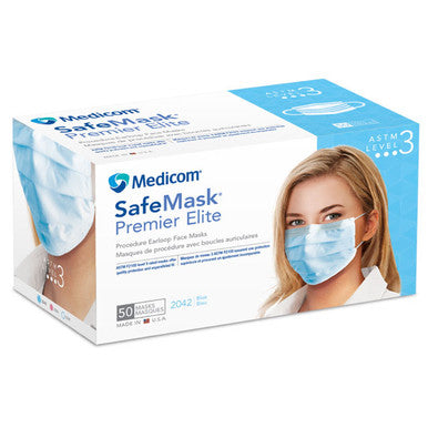 SafeMask Premier Elite ASTM Level 3 Earloop Mask, BFE/PFE ≥ 98%, Blue, 50/Box