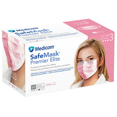 SafeMask Premier Elite Pink Earloop Mask, 50/Bx. ASTM Level 3, Made in USA